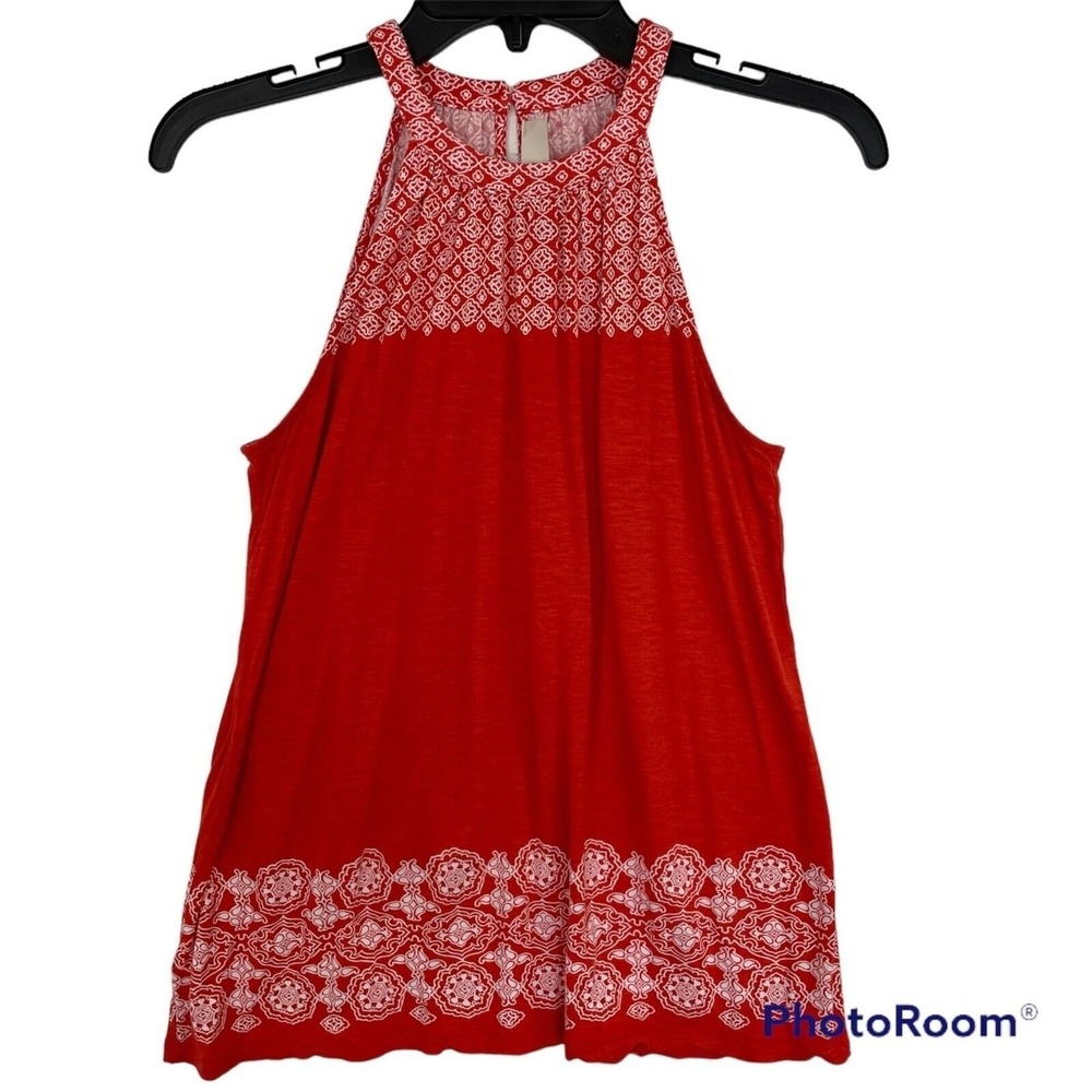 LOFT  High Neck Halter Tank Top‎ Women XS Red White Geometric Border Print Knit
